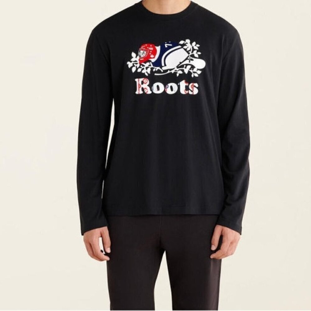 Roots Winter Beaver Logo Organic Cotton Black Long Sleeve Shirt Size L